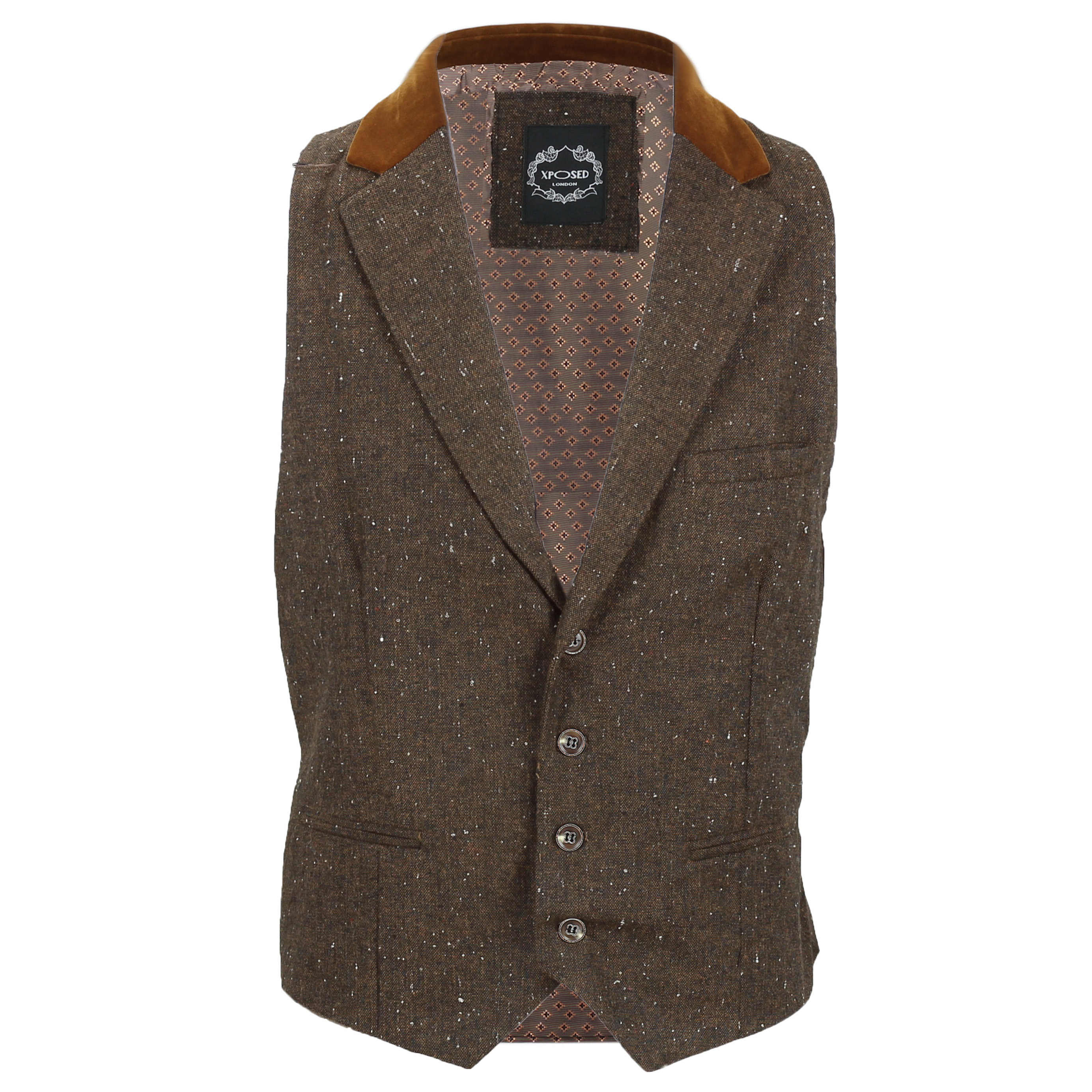 Mens Waistcoat Tweed Wool Mix Herringbone Check Velvet Collar Retro